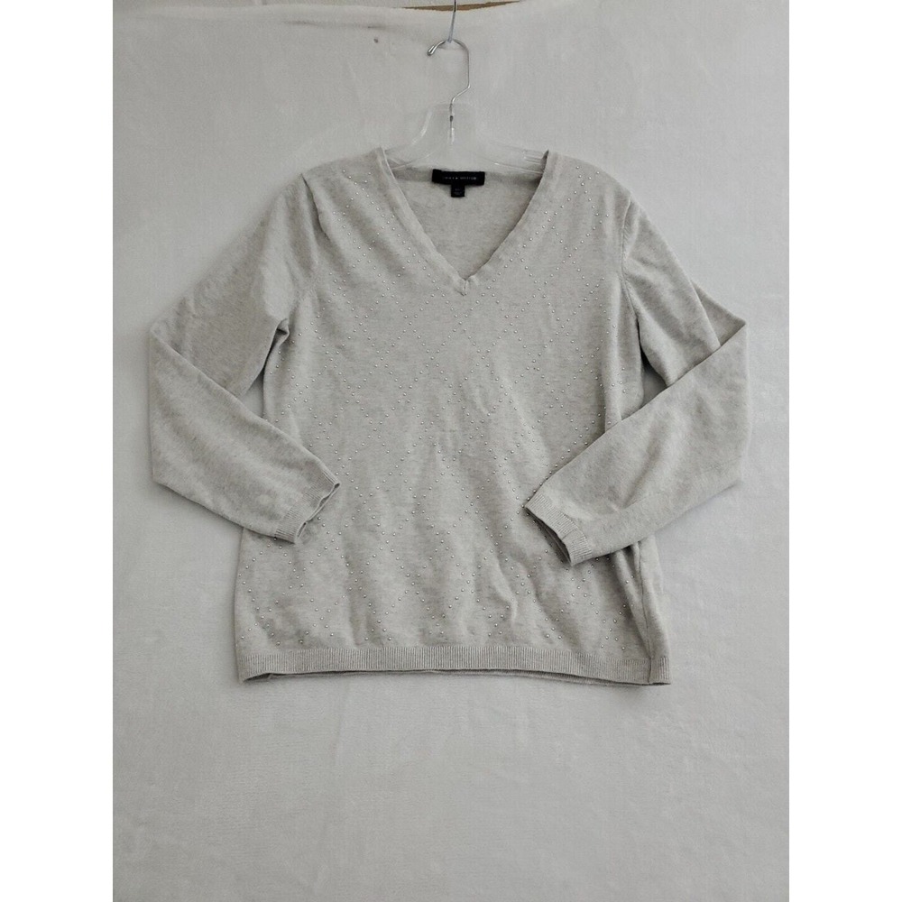 Tommy Hilfiger Sweater Women's Large Gray Studded Diamond Old Money Preppy
